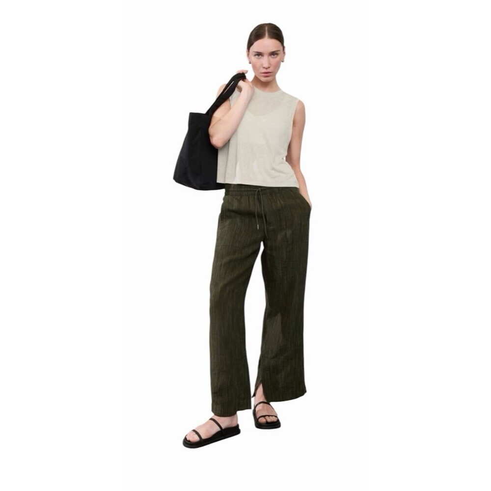 Athleta Women’s XS 100% Linen Olive Green Wide Leg Pull On Pants Zip Pockets